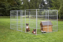 Stor hundegård i metal til haven Hundegård i metal med to hunde og træhundehus