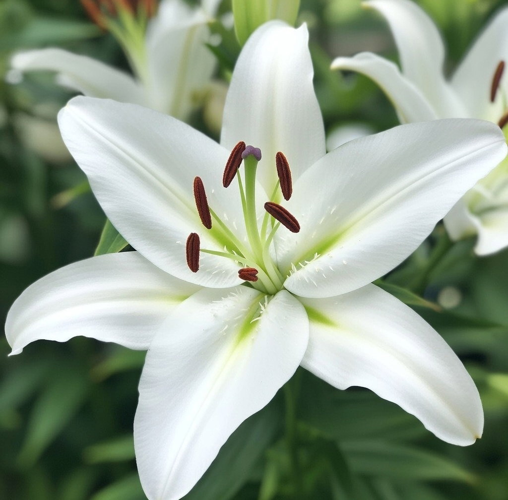Nærbillede af økologisk lilje 'Oriental White' med store hvide trompetformede blomster, let elfenbens/creme nuance og duft, som tiltrækker sommerfugle og bier. Trives i veldrænet jord i sol eller let skygge. Florex.