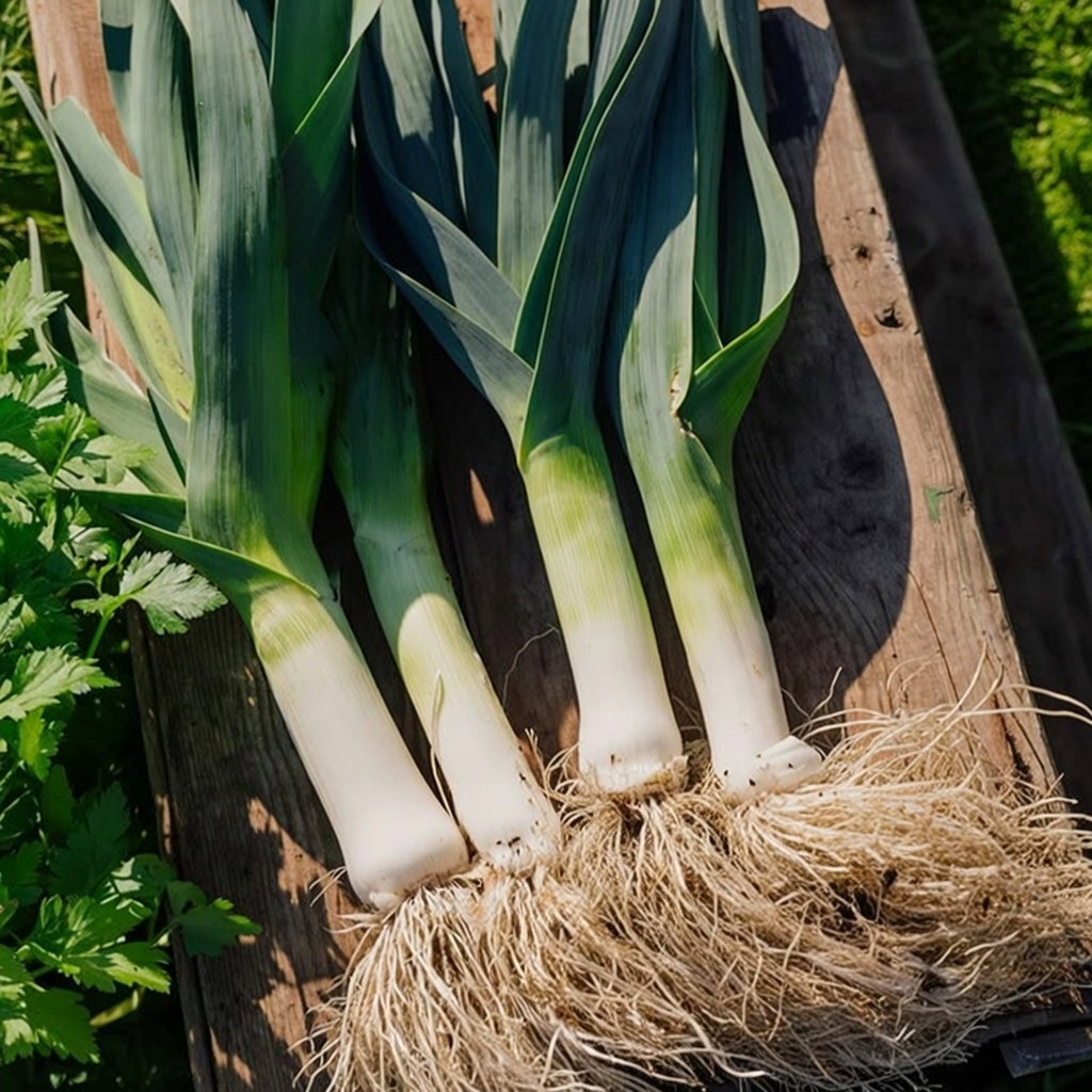 Nærbillede af friske porrer med rødder på træbord, økologisk sort Leek Herfstreuzen 2 Hannibal fra Buzzy Organic – vinterporre velegnet til supper og gryderetter, såtid marts–maj, høst juli–december