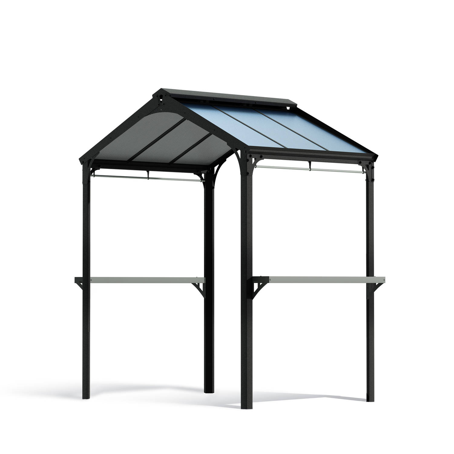 Fritstående sort havepavillon med ståltag og hylder