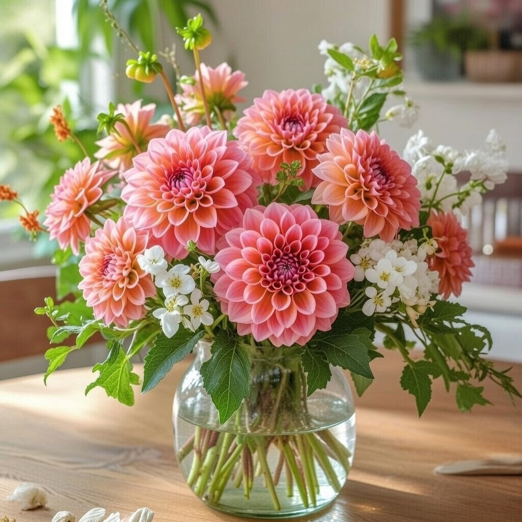 Bukket med rosa dahlia og hvide fyldblomster i glasvase – motiv fra Pose med blandede blomsterløg Bohemian summer (Florex). Indeholder 25 løg (Dahlia, Crocosmia, Ixia) til 1 m² blomsterflor