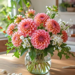 Pose med blandede blomsterløg 'Bohemian summer' 1 m² – Florex, 25 løg, rosa blomsterflor til haven Bukket med rosa dahlia og hvide fyldblomster i glasvase – motiv fra Pose med blandede blomsterløg Bohemian summer (Florex). Indeholder 25 løg (Dahlia, Crocosmia, Ixia) til 1 m² blomsterflor