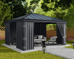 Moderne pavillon med mørke gardiner til haven Stor havedags pavillon med mørke gardiner og lounge
