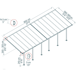 Illustration af terrasseoverdækning med mål i cm