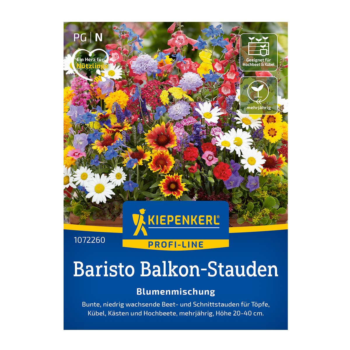 Farverig Kiepenkerl staudeblanding til altan: flerårige blomster i krukker og altankasser, robust og vinterhård, tiltrækker bier og sommerfugle, blomstrer fra forår til efterår