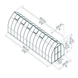 Drivhus Bella 20,6 m2 sølv Palram - klokkeformet 2,44 x 8,43 m, aluminiumsramme og dobbeltvæggede polycarbonatpaneler Drivhus Bella 20,6 m2 fra Palram i sølv, klokkeformet (2,44 x 8,43 m) med brede dobbeltdøre, høj indgang, stærk aluminiumsramme, galvaniseret stålbase og UV-beskyttede dobbeltvæggede polycarbonatpaneler