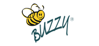 Buzzy-logo med glad gul og sort honningbi og håndskrevet tekst Buzzy-logo: glad gul og sort honningbi ved siden af blågrøn håndskrevet tekst 'BUZZY'