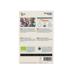 Frøpakke bagside for Buzzy Organic økologiske ærteblomster (Spencer blanding) med billede af blandede lilla, blå, røde og lyserøde blomster, såvejledning, dyrkningssymboler og EU-økologimærke