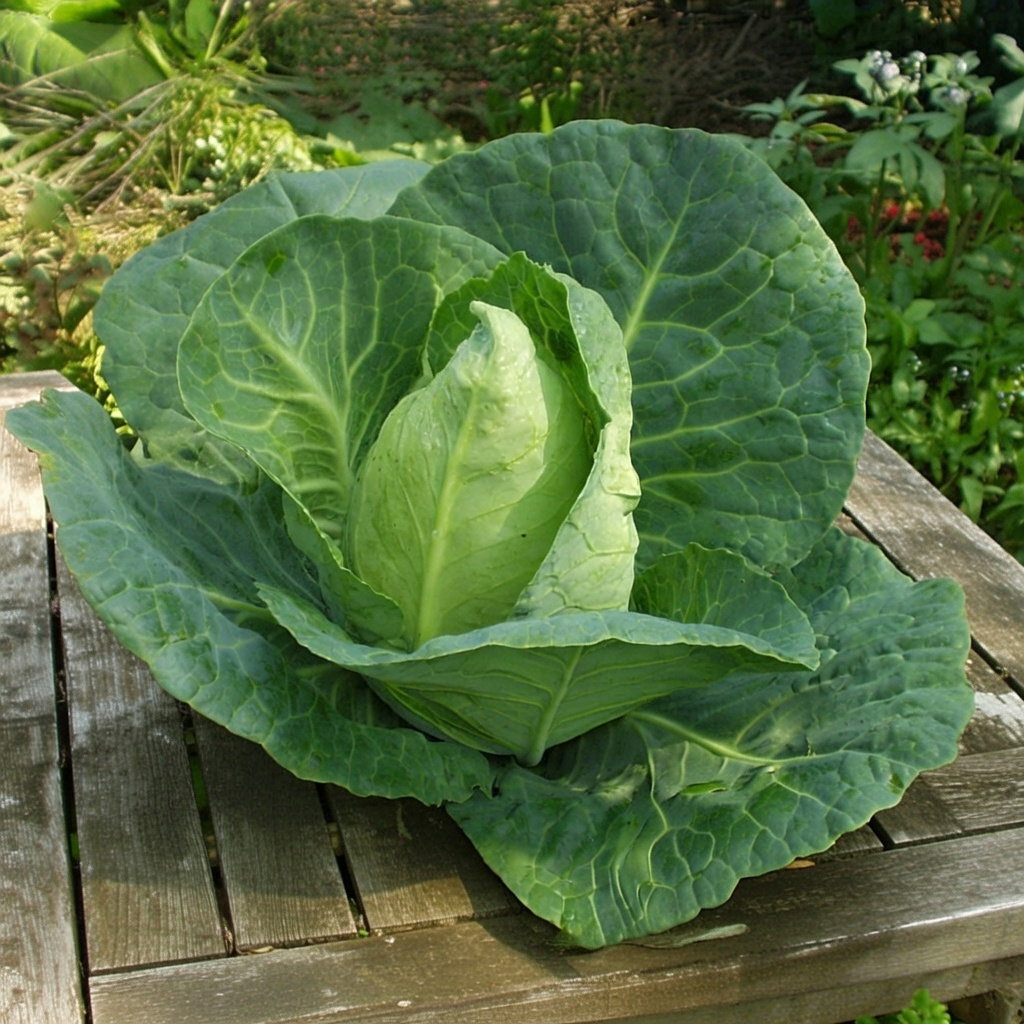 Spidskål 'Express' frø – grøn, kegleformet spidskål med tætte, let bølgende blade liggende på et træbord; velegnet til salater, wok og dampning, fra Horti Tops