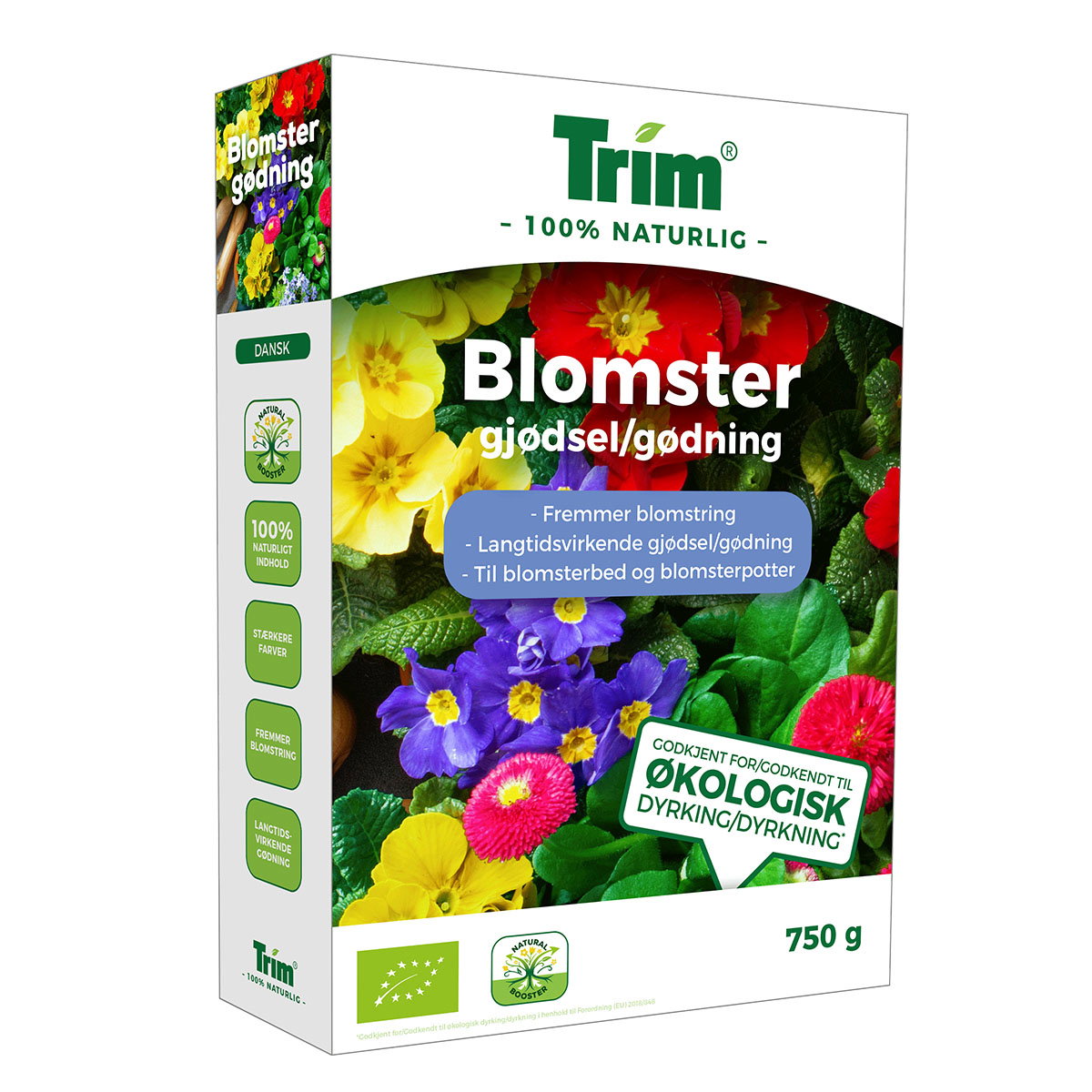Æske med Trim Blomstergødning 750 g vist foran farverige blomster; 100% naturlig, fremmer blomstring og egnet til bede, krukker og altankasser, godkendt til økologisk dyrkning