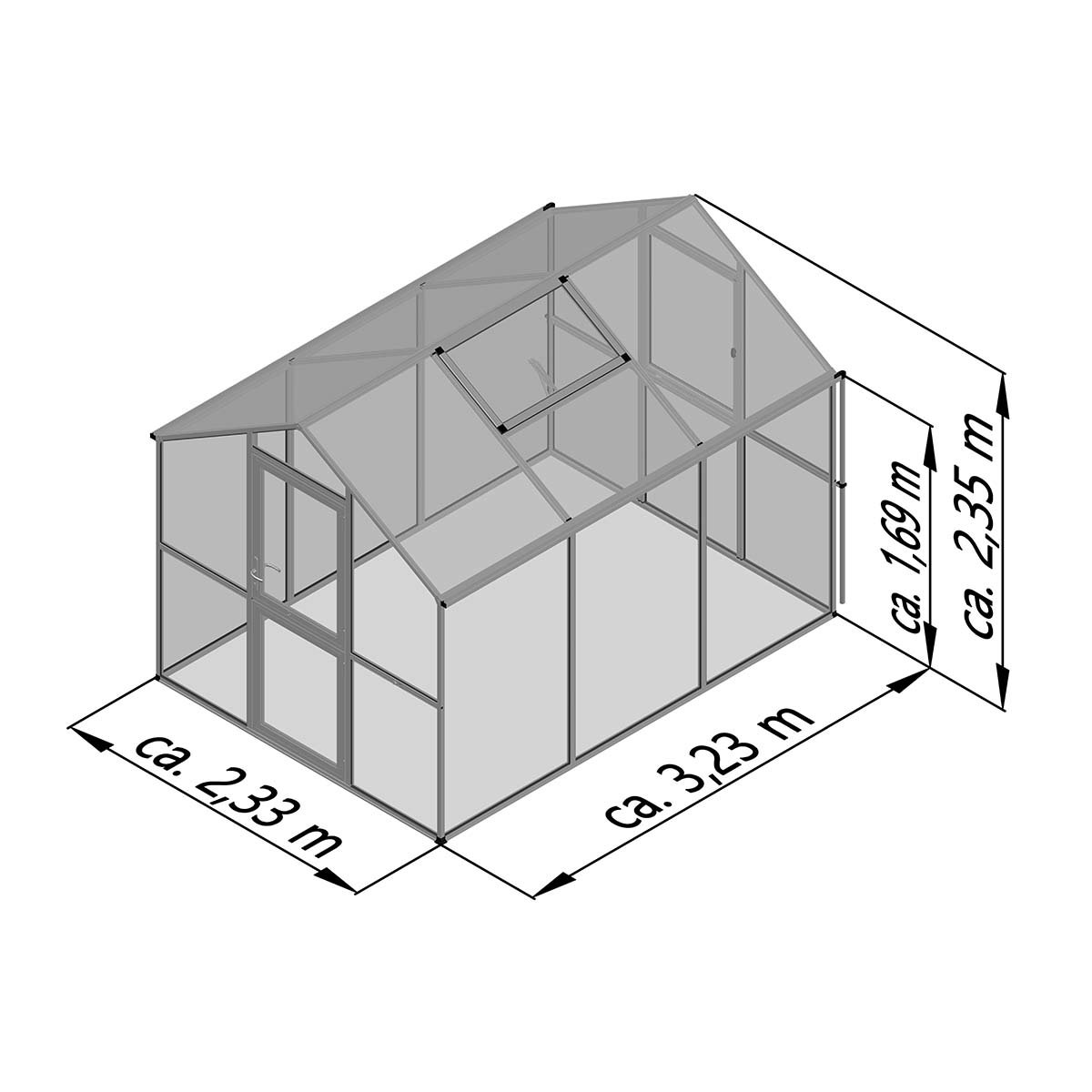 Drivhus med dør og vindue, ca. 3,23 x 2,33 m Tegning af drivhus med mål 3,23 x 2,33 x 2,35 m