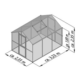 Drivhus med dør og vindue, ca. 3,23 x 2,33 m Tegning af drivhus med mål 3,23 x 2,33 x 2,35 m
