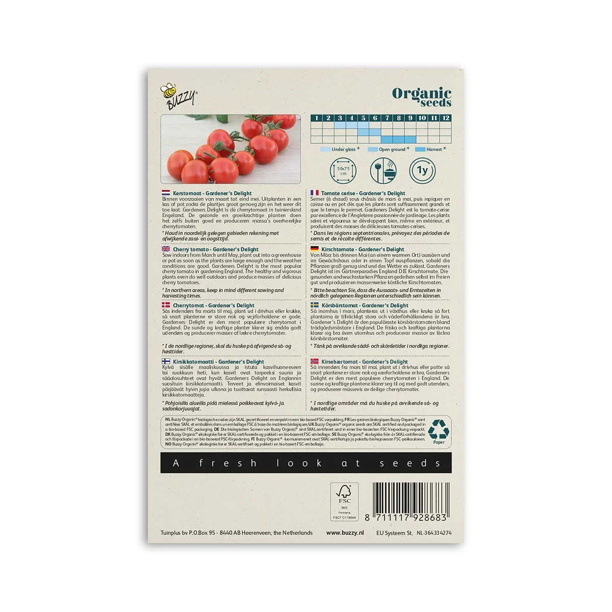 Bagpå frøpakke til Økologisk Gardener's Delight cherrytomat fra Buzzy Organic med foto af røde cherrytomater, dyrkningsikon og vejledning om såning, vanding og opbinding