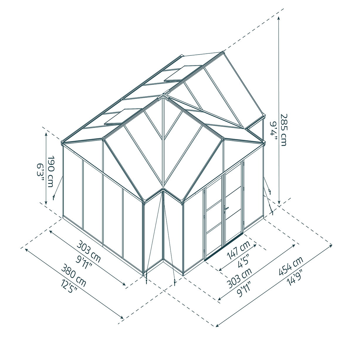 Palram Canopia Triomphe orangeri 16,00 m² – antracitgrå orangeri med pulverlakeret aluminiumramme og klare polycarbonat/akrylpaneler Teknisk perspektivtegning af Palram Canopia Triomphe orangeri 16,00 m² i antracitgrå; T-formet orangeri med pulverlakeret aluminiumramme, klare akryl/polycarbonatpaneler, dobbeltdør og mål ca. 303 x 380 x 285 cm