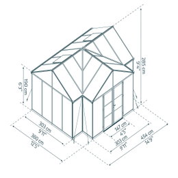 Palram Canopia Triomphe orangeri 16,00 m² – antracitgrå orangeri med pulverlakeret aluminiumramme og klare polycarbonat/akrylpaneler Teknisk perspektivtegning af Palram Canopia Triomphe orangeri 16,00 m² i antracitgrå; T-formet orangeri med pulverlakeret aluminiumramme, klare akryl/polycarbonatpaneler, dobbeltdør og mål ca. 303 x 380 x 285 cm