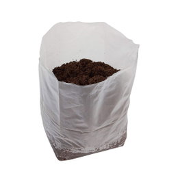 Hvid plastplantesæk fyldt med jord