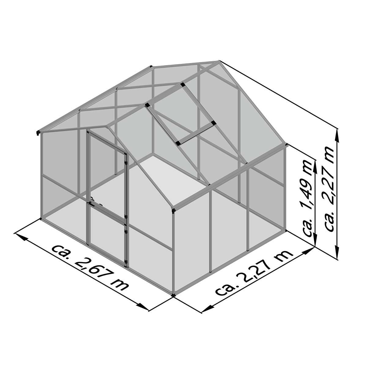 Skitse af drivhus med mål ca. 2,67 x 2,27 x 2,27 m