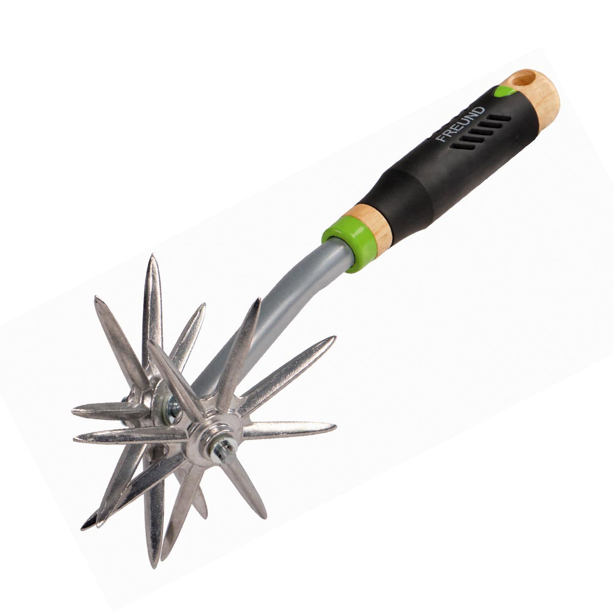 Freund Rullekultivator 32 cm fra Freund Victoria, håndredskab med to aluminiumshjul, pulverlakeret stålaksle og ergonomisk træhåndtag med komfortpolstring til at løsne og lufte jord i bede og plantekasser