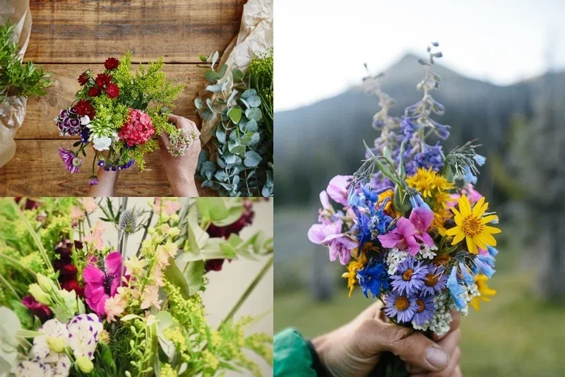 Kollage med tre billeder af håndholdte, farverige vilde blomsterbuketter og blomsterarrangementer i naturlig, rustik stil