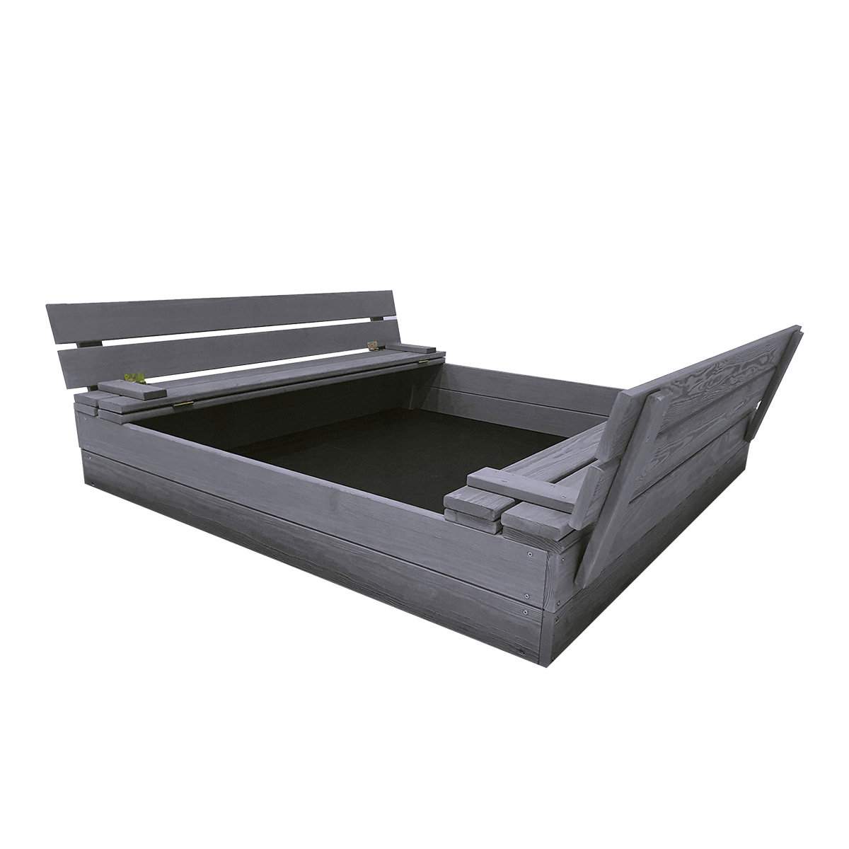 Sandkasse 120 x 120 cm fra NORDIC PLAY Active i grå, grundmalet, med smart vippelåg der omdannes til to bænke og beskytter sandet mod snavs, blade og dyr