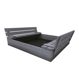 Sandkasse 120 x 120 cm fra NORDIC PLAY Active i grå, grundmalet, med smart vippelåg der omdannes til to bænke og beskytter sandet mod snavs, blade og dyr