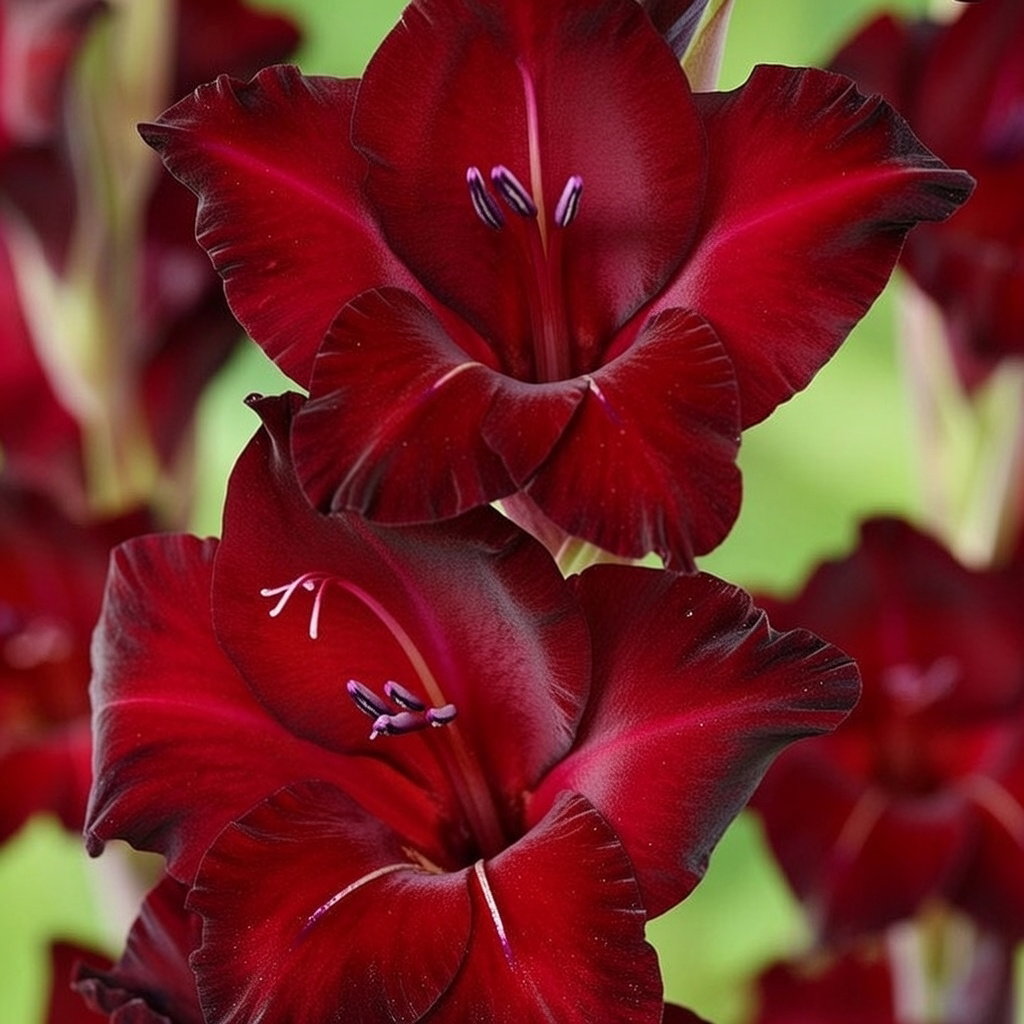 Nærbillede af mørkerød gladiolus Black Star i fuldt flor, vist som fyldige blomster på ranke stængler. Velegnet som snitblomst og til haven, blomstrer juli–september. Leveres som 6 løg fra Florex.