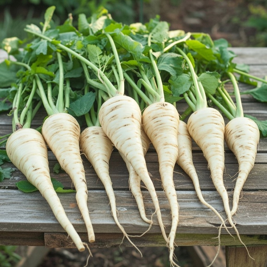 Friske høstede pastinakker af sorten Guernsey med grøn top, lagt i række på et træbord. Billede til økologiske pastinakfrø fra Buzzy Organic, velegnet til såning april-maj; store saftige rødder til bagning, stegning, kogning, supper og salater.