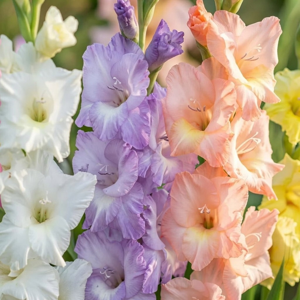 Gladiolus Pastel mix (8 løg) fra Florex: tæt buket med pastelfarvede gladiolus i hvid, lavendel, fersken og gul, oprette blomsteraks 80–100 cm, ideel til bedplantning og som holdbar snitblomst