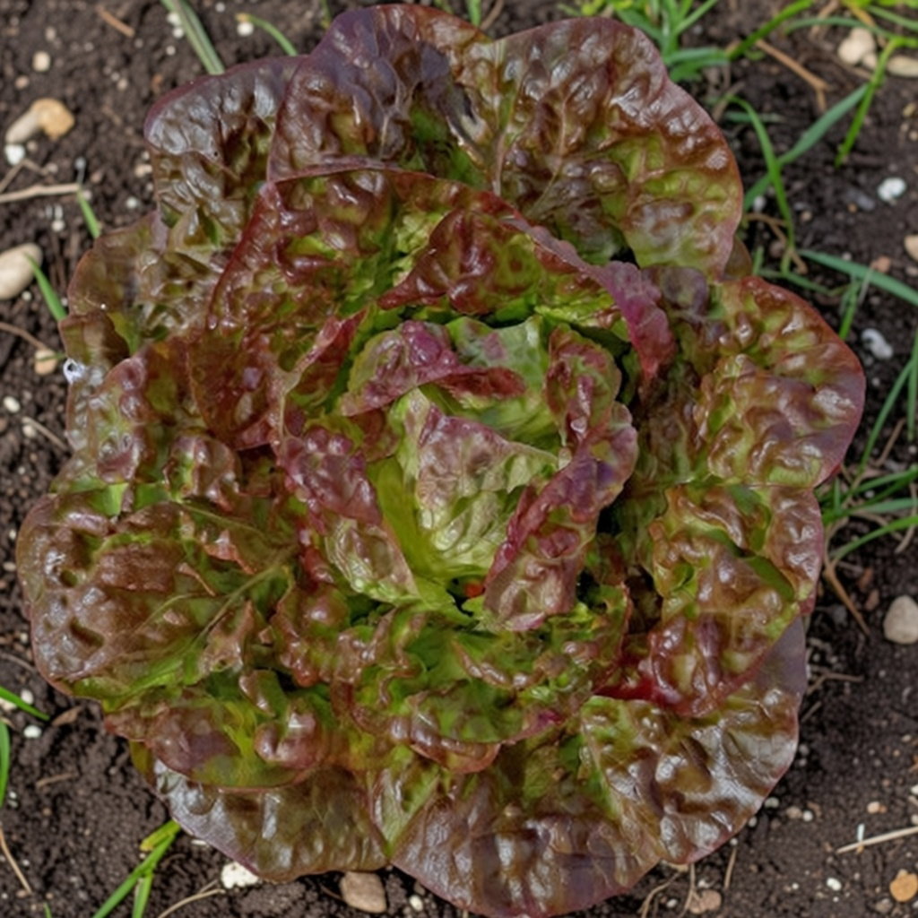 Økologisk hovedsalat Merveille des 4 saisons i jord med rødlige og grønne krøllede blade, frø fra Buzzy Organic