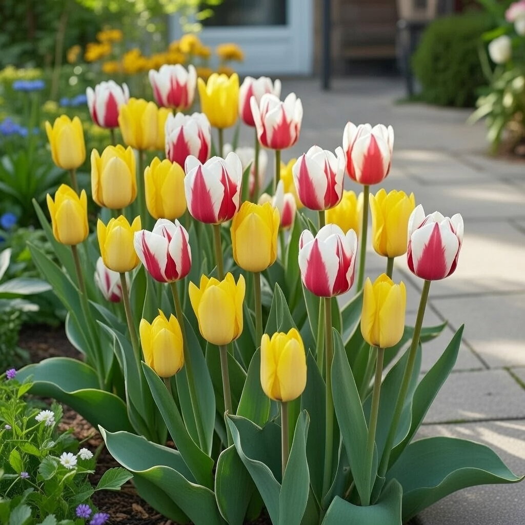 Tulipan 'Happy Mix' i havebed med gule tulipaner og hvide tulipaner med røde striber; 10 løg, blomstrer i april-maj, velegnet til blomsterbed og buketter, tiltrækker bier - Sperli