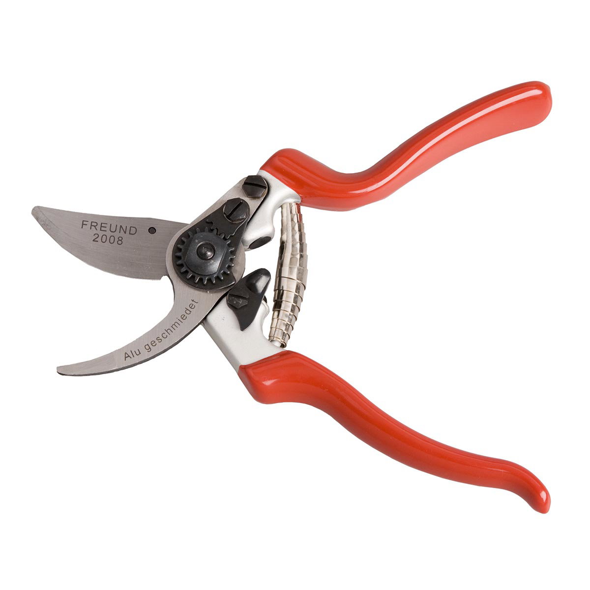 Freund Beskæresaks 2008 fra Freund Victoria med smedet aluminiumskrop, skarp kulstofstål klinge, indbygget trådskærer, riflet bolt og støddæmper; ergonomiske røde håndtag