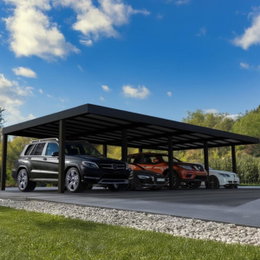Dobbelt carport i metal til fire biler Moderne dobbelt carport i sort stål med fire biler