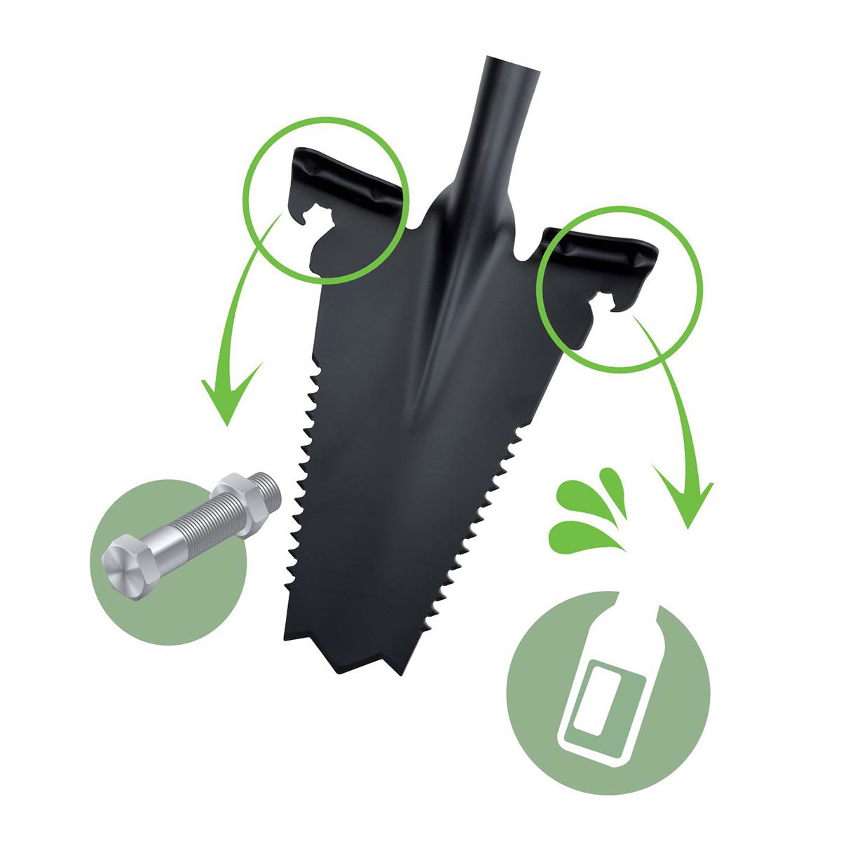 Sort Freund Rodspade med V-formet blad og dobbeltsidet rodsav, integreret M11 fastnøgle på bladets kant og flaskeåbner, pulverlakeret finish og ekstra bred trædeflade til stabilt fodfæste (Freund Victoria)