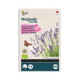 Økologiske lavendelfrø Lavandula angustifolia Frøpose med økologiske lavendelfrø og sommerfugl