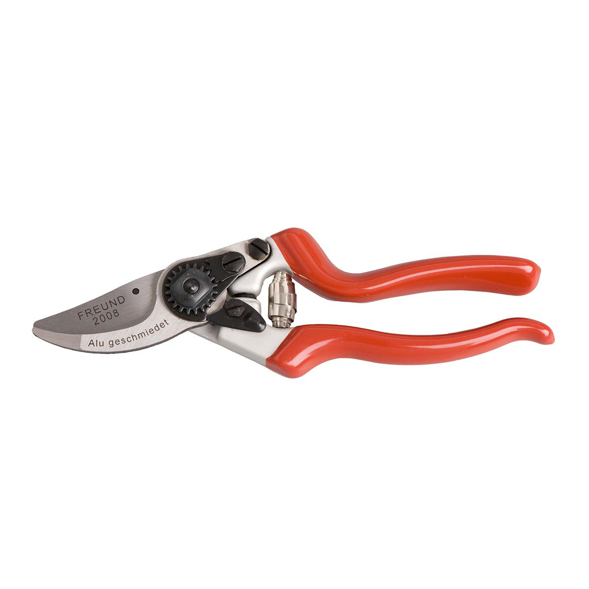 Billede af Freund Beskæresaks 2008 med røde ergonomiske håndtag, smedet aluminiumskrop, skarp klinge i kulstofstål, riflet bolt og indbygget trådskærer – Freund Victoria