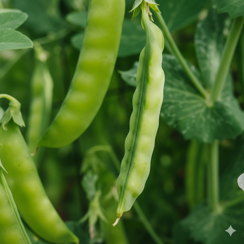 Nærbillede af modne grønne sukkerærtebælge 'Norli' på planten; lange, flade bælge med små runde ærter, velegnet til rå eller tilberedt brug – økologiske frø fra Buzzy Organic