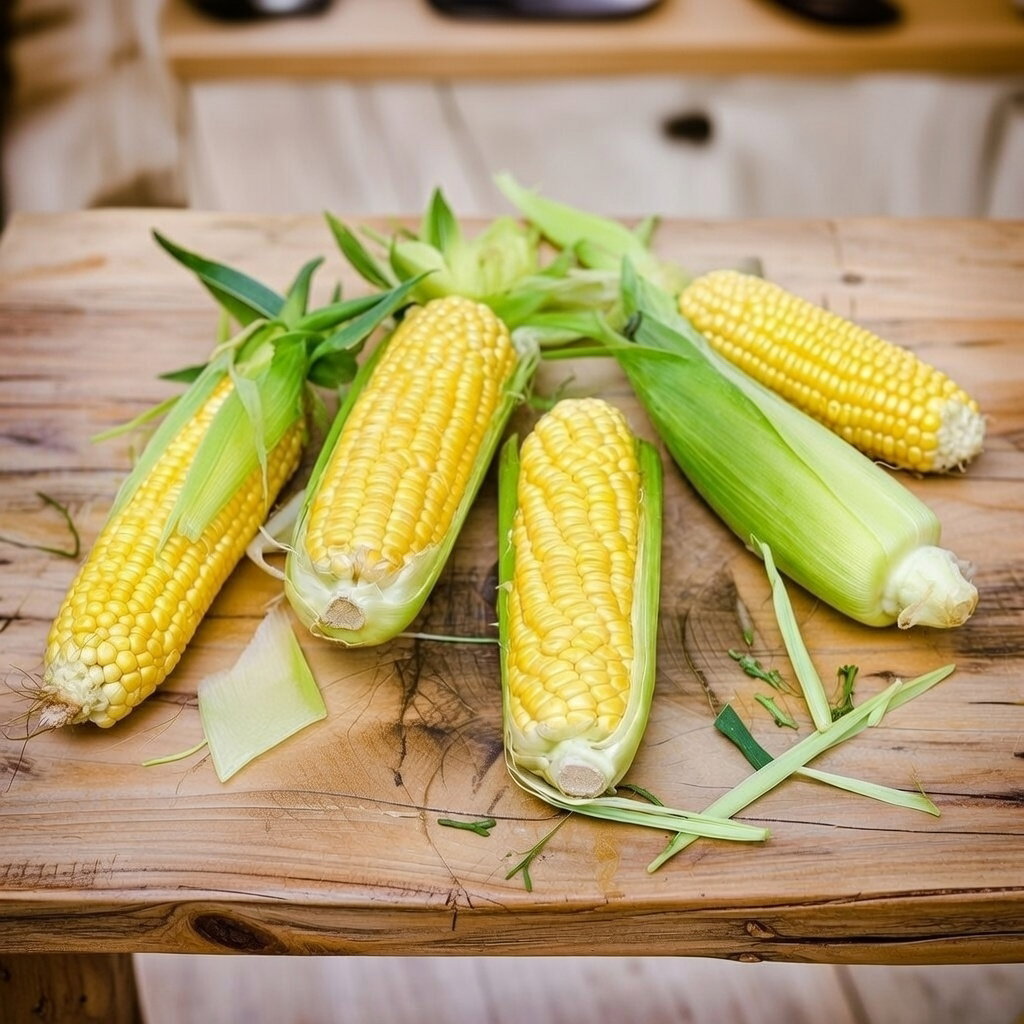 Friske gyldne majskolber med grønne blade på træbord, Sukkermajs Tasty Sweet F1 fra Horti Tops – saftige kerner, ideel til solrigt, veldrænet bed og gruppedyrkning for god bestøvning