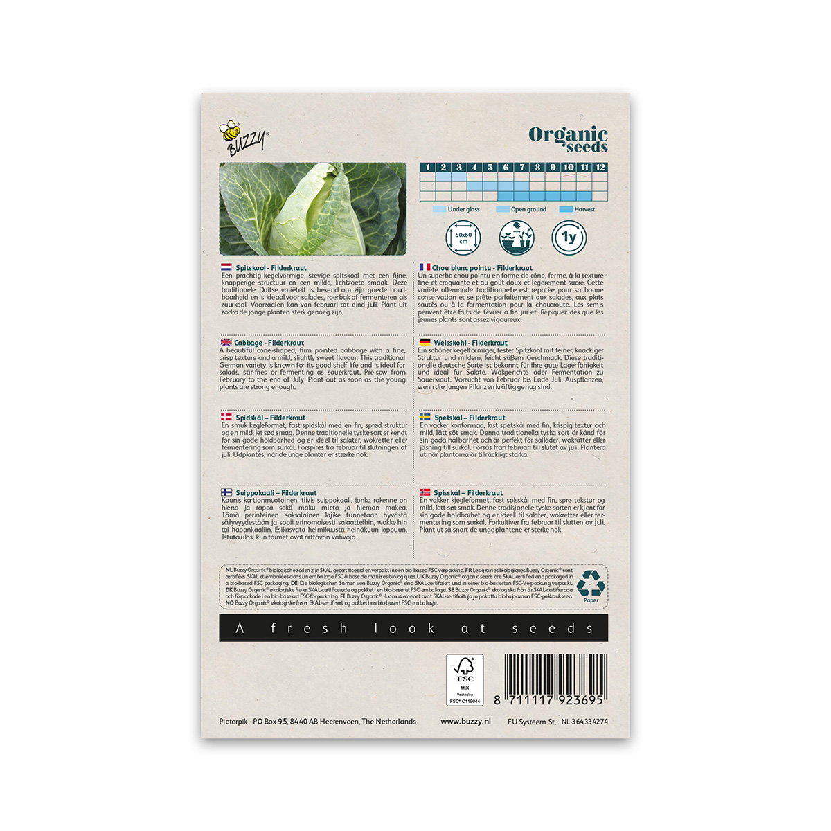 Buzzy Organic frøpakke, bagside med foto af kegleformet Filderkraut spidskål og dyrkningsvejledning for økologiske spidskålsfrø