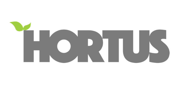 HORTUS logo med grønt blad HORTUS logo, grå typografi med lille grønt blad over bogstavet H