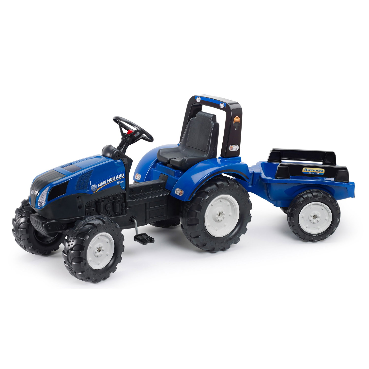Blå New Holland pedaltraktor med anhænger Blå New Holland pedaltraktor til børn med trailer