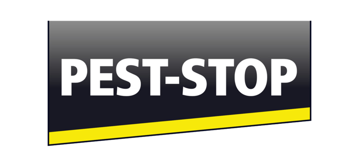 Pest-Stop logo - skadedyrsbekæmpelse Pest-Stop logo på mørk baggrund med gul skrå kant