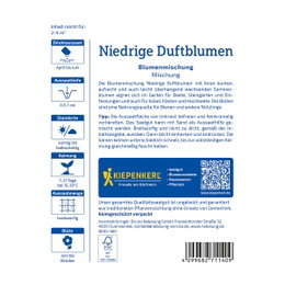 Kiepenkerl Blomsterblanding 'Duftende blomster' 2-4 m² – lav, duftende sommerblanding til bede, krukker og kantplantning Produktetiket for Kiepenkerl 'Duftende blomster' blomsterblanding 2–4 m²; lav sommerblanding (20–30 cm), mild duft, velegnet til bede, krukker og altankasser, såvejledning og blomstring juni–oktober