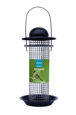 Sort metal fuglefoderautomat til nødder med bakke