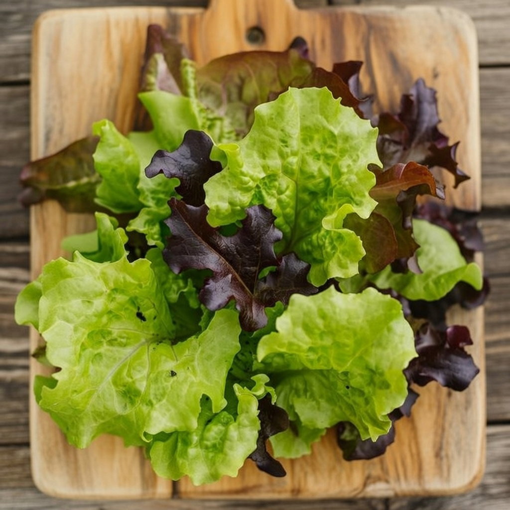 Blandede babysalatblade i grønne og røde nuancer på et træskærebræt – Mix Salat frø fra Horti Tops, ideel til salater, sandwich og wraps. Såtid: marts-august, høst: april-oktober.