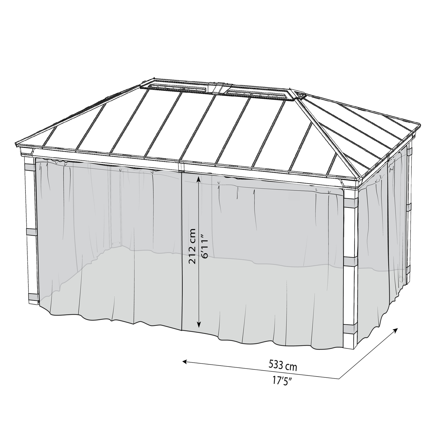 Pavillon med gardiner 212x533 cm Rektangulær pavillon med gardiner, 212x533 cm
