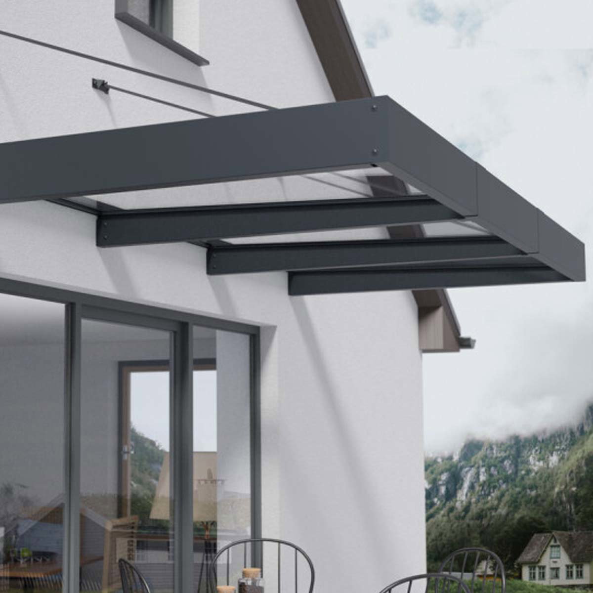 Moderne terrasseoverdækning i antracitgrå Glas terrasseoverdækning med antracitgråt stel