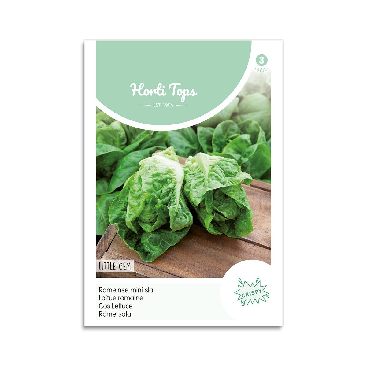 Little Gem romainesalat frø fra Horti Tops Frøpose med Little Gem romainesalat på træbord