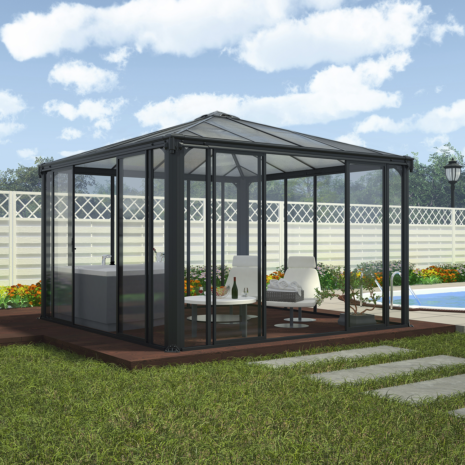 Sort glas-pavillon i have ved siden af pool
