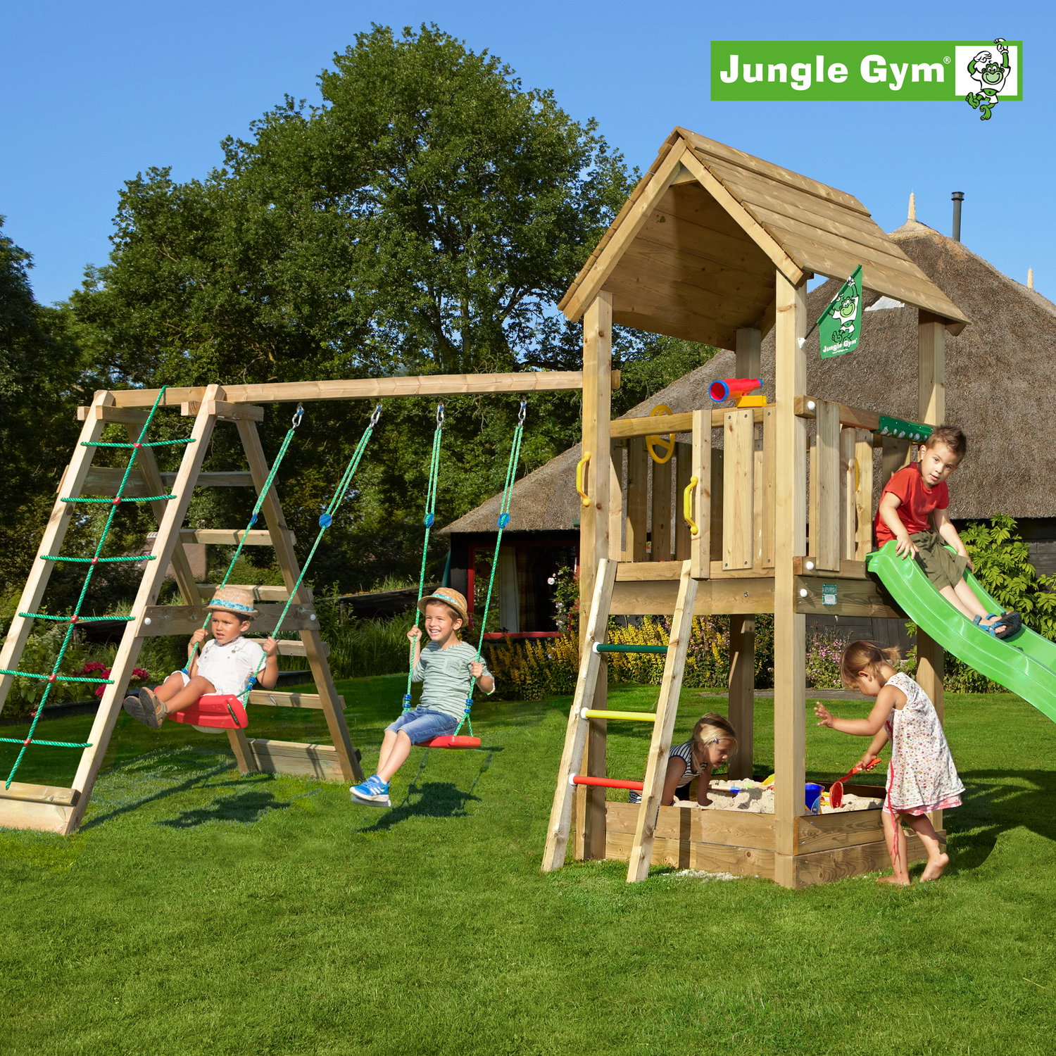 Jungle Gym legeplads i træ med gynge og rutsjebane Udendørs Jungle Gym trælegehus med gynger, rutsjebane og san