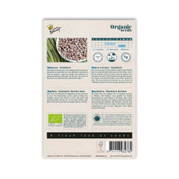 Økologiske Borlotto bønnefrø fra Buzzy Seeds Bagside af pakke med økologiske Borlotto buskbønnefrø